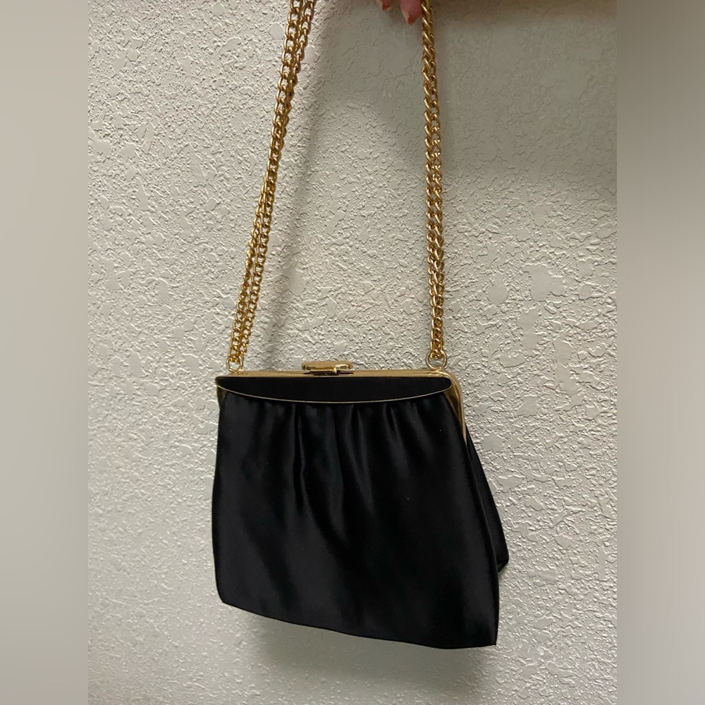 Vintage Mardane 50’s Black Silk Clutch Top Handle Gold Chain Handbag Purse